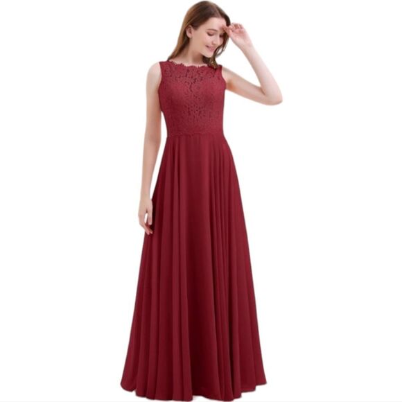 Babaroni NWT Tabitha Lace Bodice‎ Chiffon Skirt Long Dress-Burgundy Size 8 - Picture 2 of 7